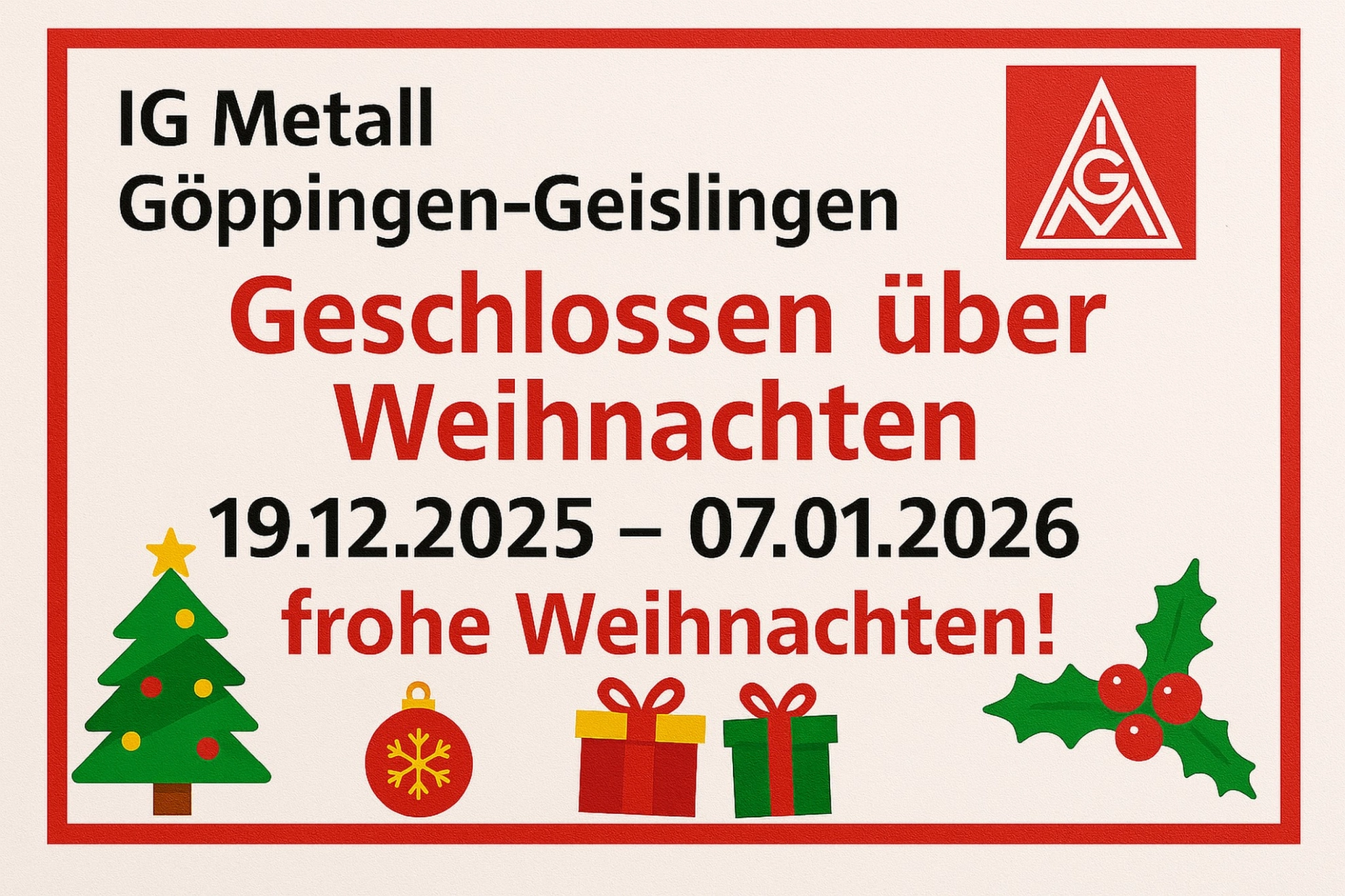 Schließzeiten Weihnachten 2025